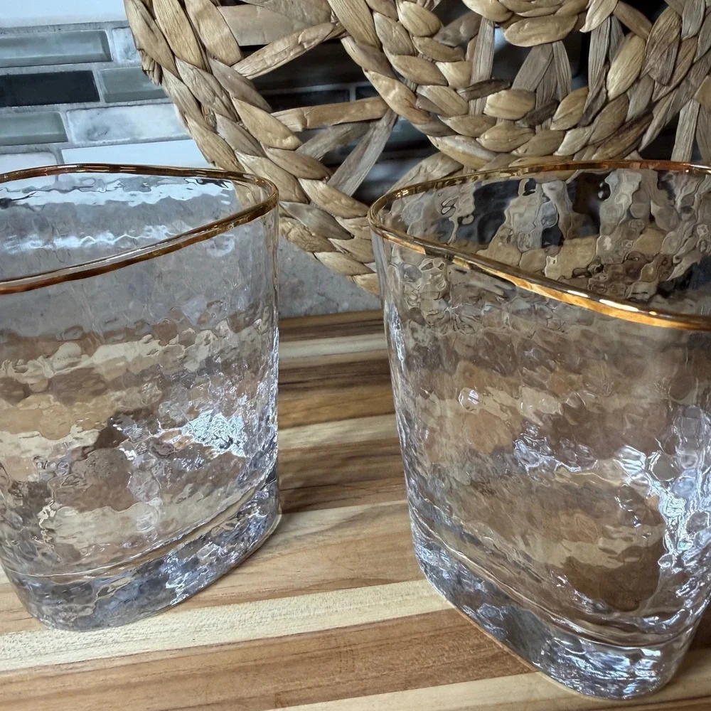 Vintage Hammered Gold Rim Triangular Whiskey Glasses Set of 2 Rocks Glass Clear